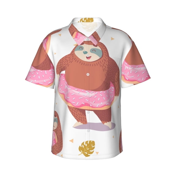 Uemuo Sloth with Donuts1 Printed Regular Fit Short Sleeve Casual Hawaiian Shirt for Men,Aloha shirt,Tropical shirt,Floral print shirt,Vacation Beach shirt-XX-Large