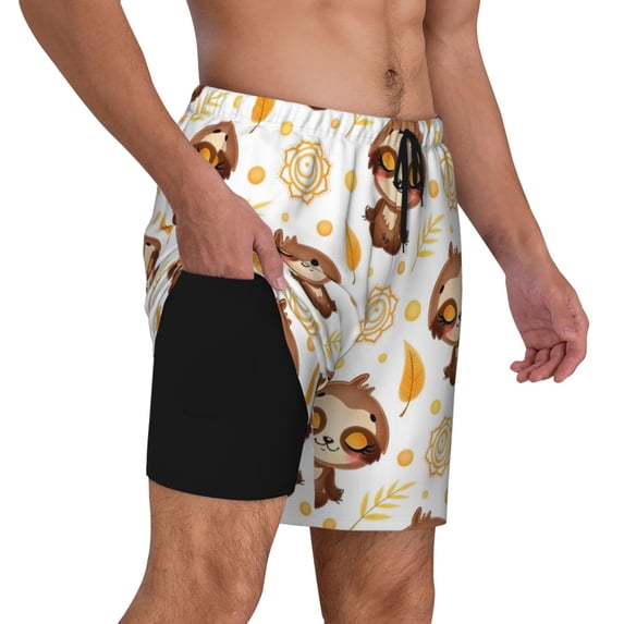 Uemuo Sloth Yoga Pattern Mens Swim Trunks Quick Dry Board Shorts with Mesh Lining, Stretch Beach Shorts Quick Dry No-Chafing Board Shorts-Small