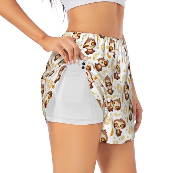 Uemuo Sloth Yoga Pattern Women's Athletic Shorts High Waisted Running Shorts with Liner Pockets Gym Elastic Workout Shorts-X-Large