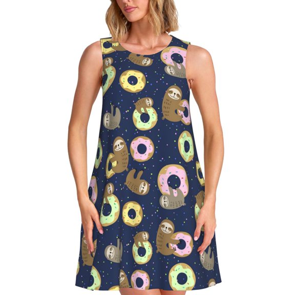 Uemuo Sloth with Donuts Pattern Women’s Sleeveless Dress – Casual Summer A-Line Dress, Stylish and Comfortable Sundress for Hot Weather