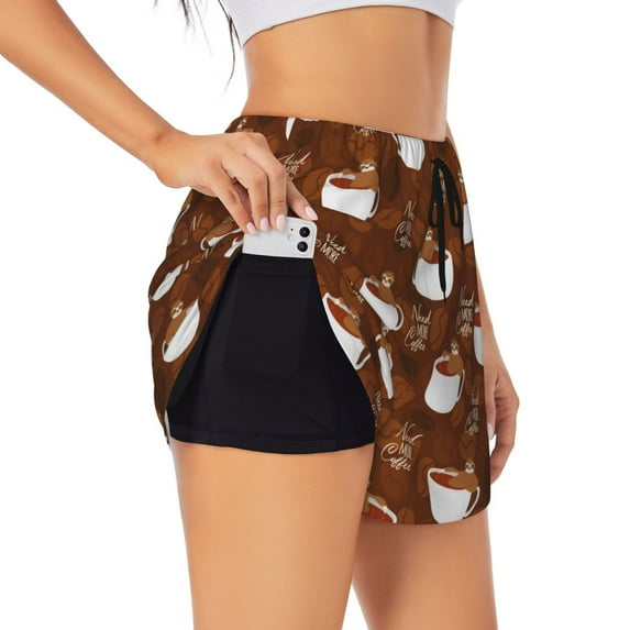 Uemuo Sloths Need More Coffee Pattern Women's Athletic Shorts High Waisted Running Shorts with Liner Pockets Gym Elastic Workout Shorts-X-Large