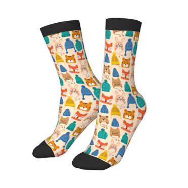 Uemuo Small Animals with Knit Hat Pattern Printed Kids Boys Socks Seamless Crew Socks Crazy Funny Athletic Sport Socks for Children
