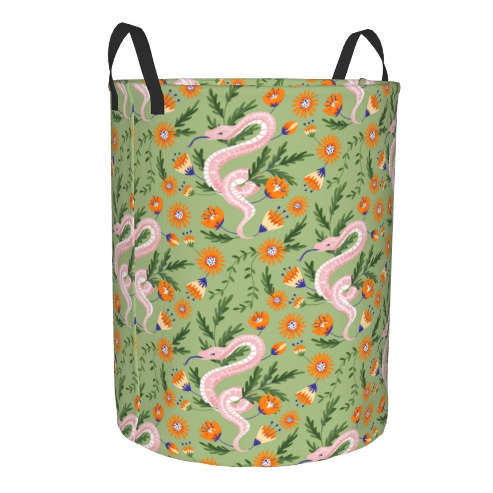 Uemuo Snake And Floral Pattern Circular Laundry Hamper Basket with