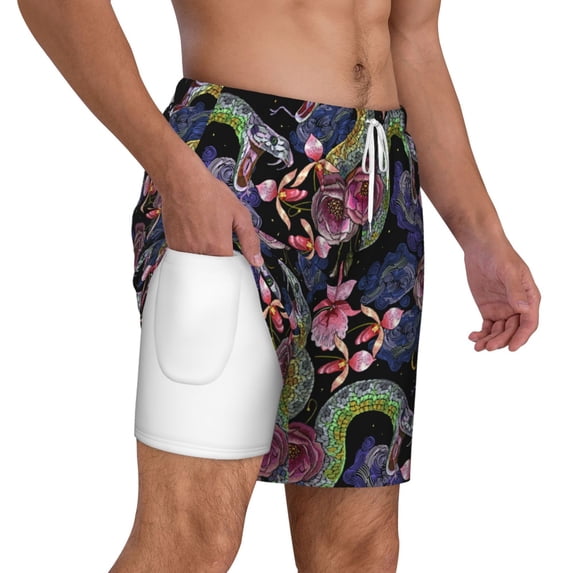 Uemuo Snake And Flower Pattern Mens Swim Trunks Quick Dry Board Shorts with Mesh Lining, Stretch Beach Shorts Quick Dry No-Chafing Board Shorts-X-Large