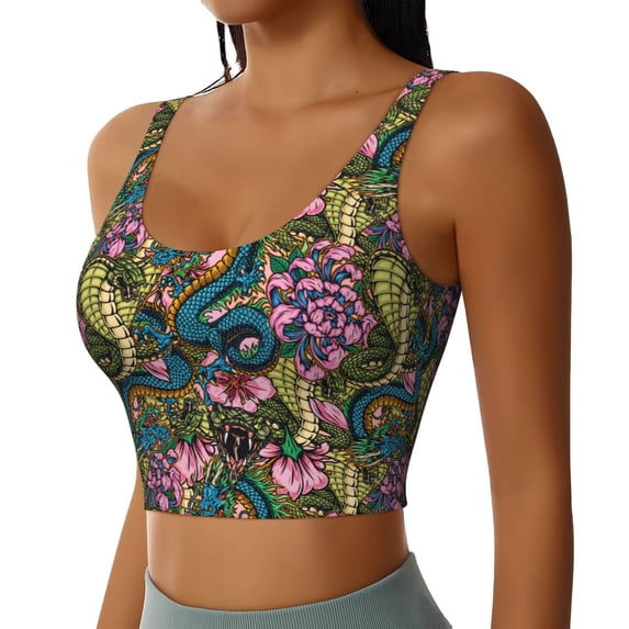 Uemuo Snake And Flower Pattern Women's Sports Bra - High Impact Support, Breathable, and Comfortable Athletic Bra for Running, Yoga, and Workouts
