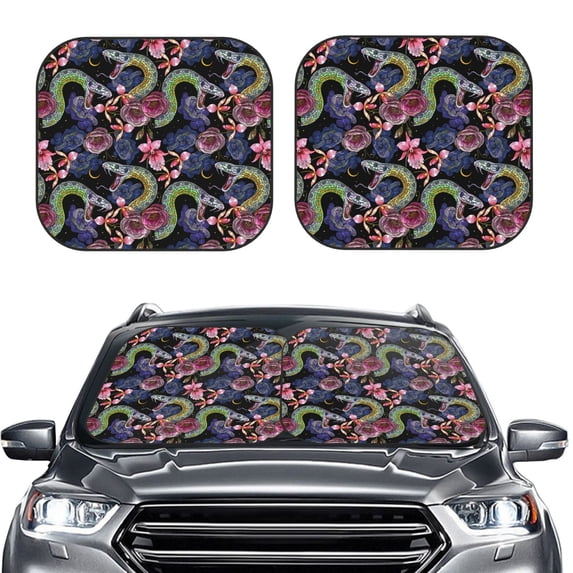 Uemuo Snake And Flower Printed 2 PCS Car Windshield Sun Shade, Auto Sun Heat and UV Rays Blocker, Foldable Automotive Front Window Sunshade Protector