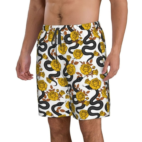 Uemuo Snake And Rose Pattern Men's Swim Trunks Hawaiian Beach Bathing Suit Swimsuits Beach Quick-Dry Shorts with Pockets-Small