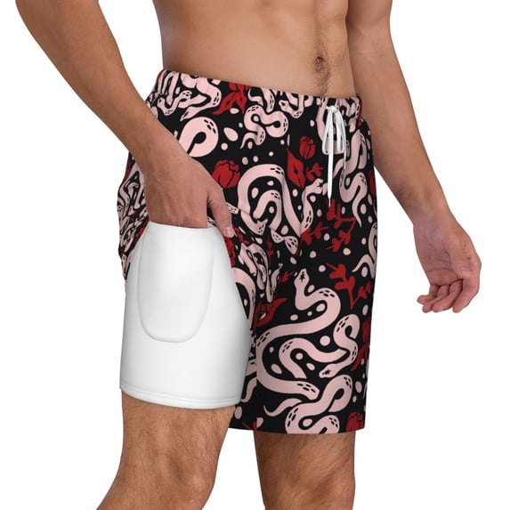 Uemuo Snake And Rose Pattern Mens Swim Trunks Quick Dry Board Shorts with Mesh Lining, Stretch Beach Shorts Quick Dry No-Chafing Board Shorts-Small