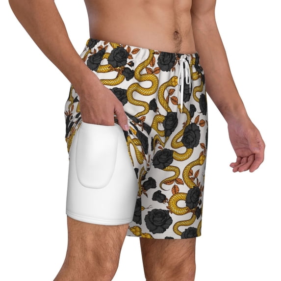 Uemuo Snake And Rose Pattern Mens Swim Trunks Quick Dry Board Shorts with Mesh Lining, Stretch Beach Shorts Quick Dry No-Chafing Board Shorts-X-Large