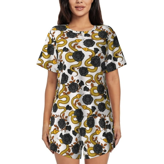 Uemuo Snake And Rose Pattern Women's Short-Sleeved Pajama, Button-Front Loungewear, 2-Piece Summer Sleepwear, Elastic Drawstring Shorts-4X-Large