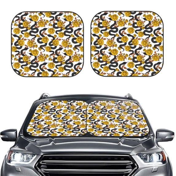 Uemuo Snake And Rose Printed 2 PCS Car Windshield Sun Shade, Auto Sun Heat and UV Rays Blocker, Foldable Automotive Front Window Sunshade Protector