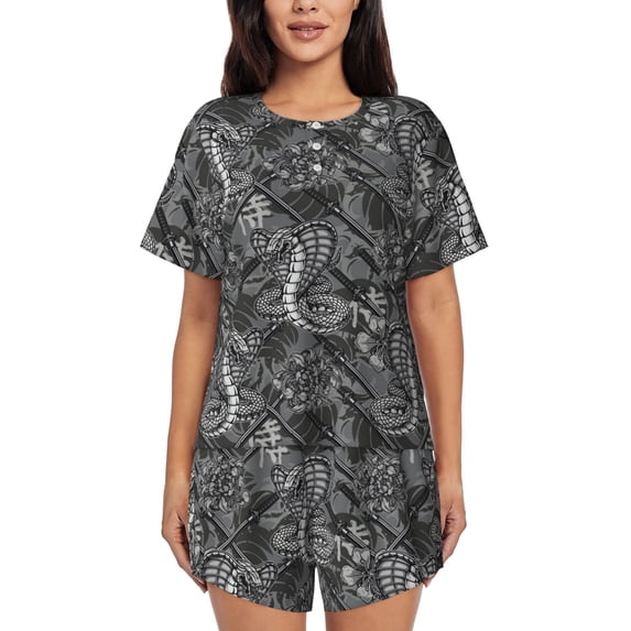 Uemuo Snake Pattern Women's Short-Sleeved Pajama, Button-Front Loungewear, 2-Piece Summer Sleepwear, Elastic Drawstring Shorts-Medium