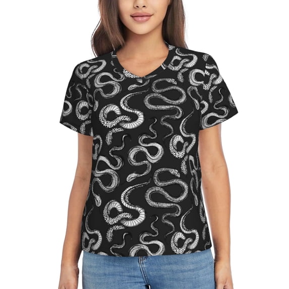 Uemuo Snake Printed Women's Classic V-Neck T-Shirt - Soft, Breathable, Moisture-Wicking, Perfect for Casual, Office, Travel, and Everyday Wear-Medium