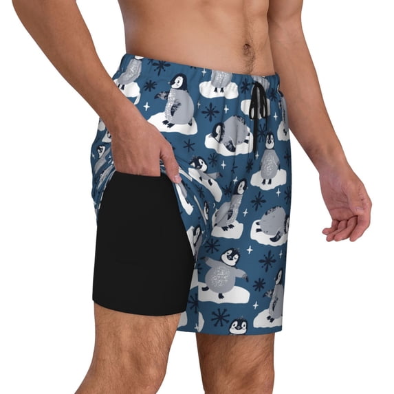 Uemuo Snow Penguin Pattern Mens Swim Trunks Quick Dry Board Shorts with Mesh Lining, Stretch Beach Shorts Quick Dry No-Chafing Board Shorts-X-Large