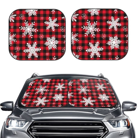 Uemuo Snowflakes On A Buffalo Plaid Christmas Printed 2 PCS Car Windshield Sun Shade, Auto Sun Heat and UV Rays Blocker, Foldable Automotive Front Window Sunshade Protector
