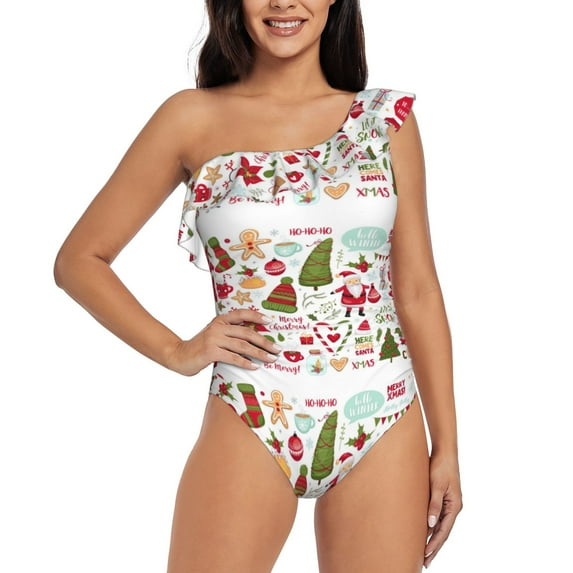 Uemuo Snowflakes Santa Claus Print Women's One Piece Swimsuit Asymmetrical Neck Bathing Suit One Shoulder Side Cutout Ruffle Swimwear-Medium