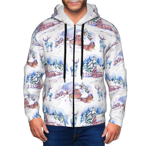 Uemuo Snowy Cottage Holiday Scene for Men's Fashion Full-zip Hoodies & Sweatshirts with Kangaroo Pocket, Zip-up Hooded Sweatshirt, Moisture Wicking & Breathable-X-Large