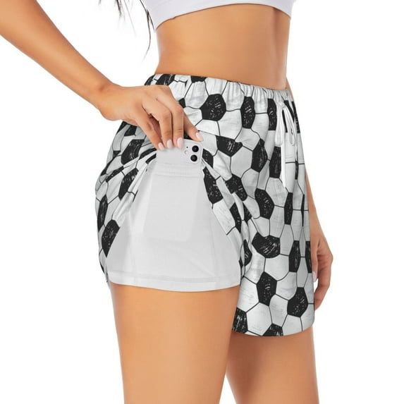 Uemuo Soccer Pattern Women's Athletic Shorts High Waisted Running Shorts with Liner Pockets Gym Elastic Workout Shorts-Medium