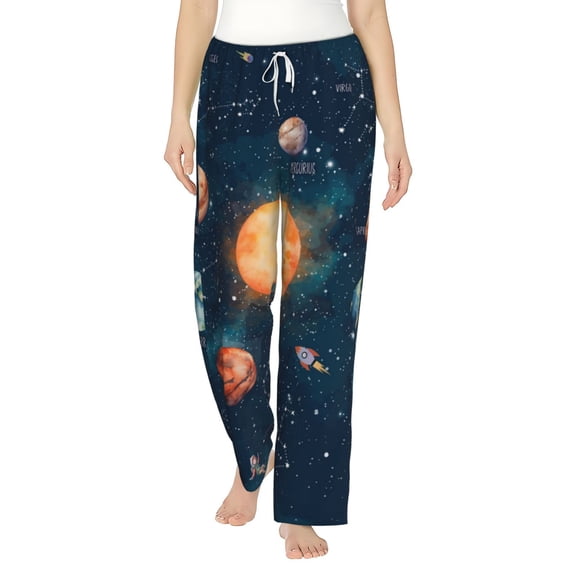 Uemuo Solar System And Planets Pattern Women's Wide Leg Palazzo Lounge Pants with Pockets Light Weight Loose Comfy Casual Pajama Pants-Medium