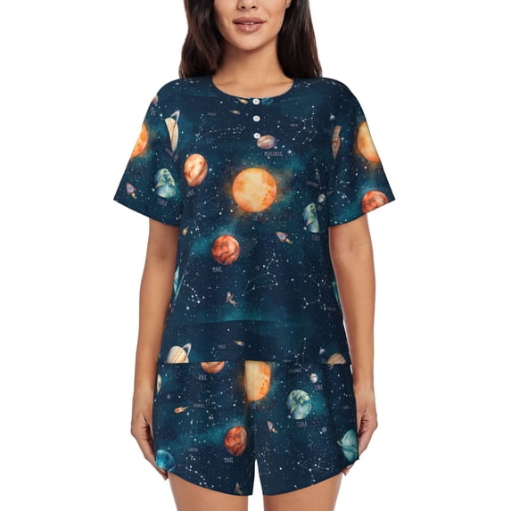 Uemuo Solar System And Planets Pattern Women's Short-Sleeved Pajama, Button-Front Loungewear, 2-Piece Summer Sleepwear, Elastic Drawstring Shorts-Large