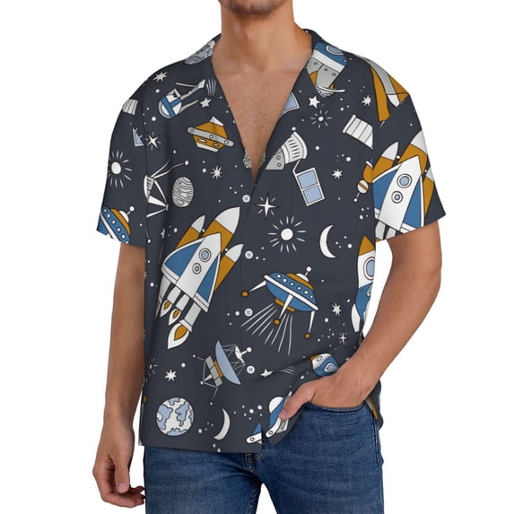 Uemuo Space Cars Pattern Cotton Linen Short Sleeve Shirts,Casual Lightweight Button Down Shirts,Vacation Beach Summer Tops-