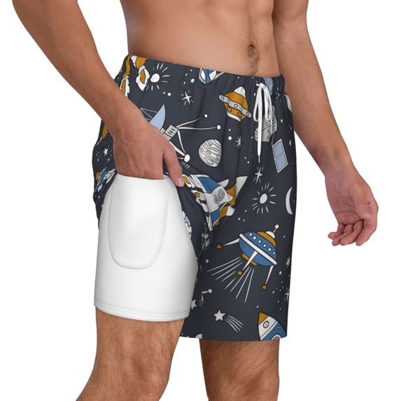 Uemuo Space Cars Pattern Mens Swim Trunks Quick Dry Board Shorts with Mesh Lining, Stretch Beach Shorts Quick Dry No-Chafing Board Shorts-3X-Large