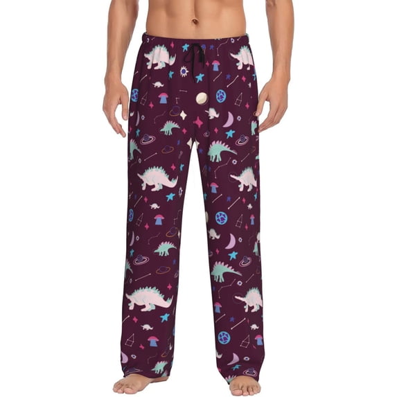 Uemuo Space Dinosaur Pattern Men's Wide Leg Palazzo Lounge Pants with Pockets Light Weight Loose Comfy Casual Pajama Pants-Small