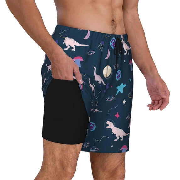 Uemuo Space Dinosaur Pattern Mens Swim Trunks Quick Dry Board Shorts with Mesh Lining, Stretch Beach Shorts Quick Dry No-Chafing Board Shorts-XX-Large