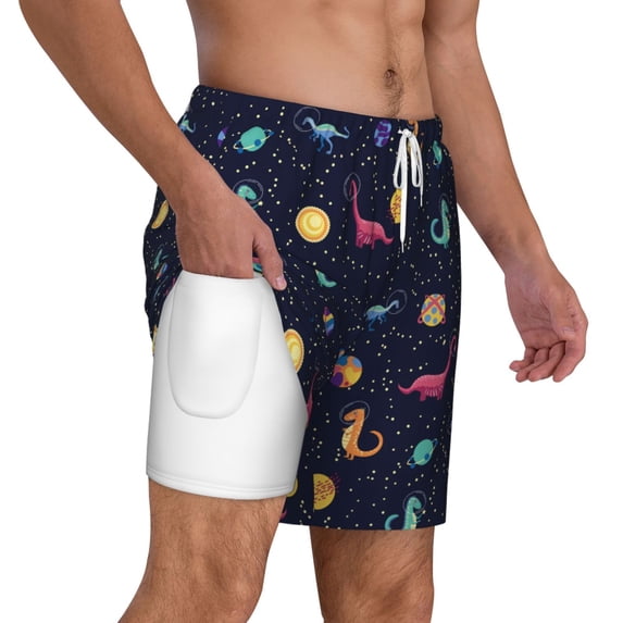 Uemuo Space Dinosaur Pattern Mens Swim Trunks Quick Dry Board Shorts with Mesh Lining, Stretch Beach Shorts Quick Dry No-Chafing Board Shorts-X-Large