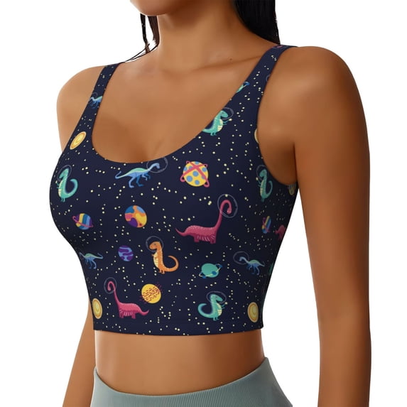 Uemuo Space Dinosaur Pattern Women's Sports Bra - High Impact Support, Breathable, and Comfortable Athletic Bra for Running, Yoga, and Workouts