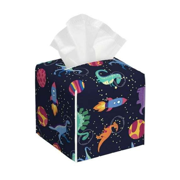 Uemuo Space Dinosaur Tissue Box Cover Holder, Square with Bottom Belt - PVC Leather Decorative Organizer for Tabletop, Bathroom, Car, Office