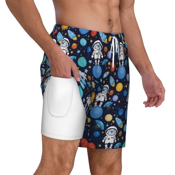 Uemuo Space Dog Pattern Mens Swim Trunks Quick Dry Board Shorts with Mesh Lining, Stretch Beach Shorts Quick Dry No-Chafing Board Shorts-Small