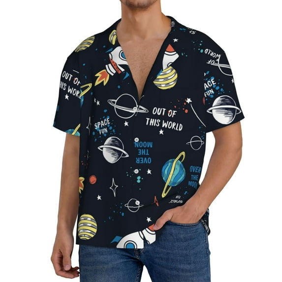 Uemuo Space Pattern Cotton Linen Short Sleeve Shirts,Casual Lightweight Button Down Shirts,Vacation Beach Summer Tops-3X-Large