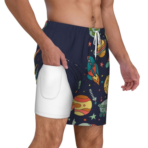 Uemuo Space Pattern Mens Swim Trunks Quick Dry Board Shorts with Mesh Lining, Stretch Beach Shorts Quick Dry No-Chafing Board Shorts-Large