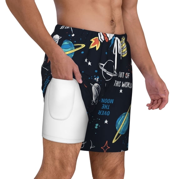 Uemuo Space Pattern Mens Swim Trunks Quick Dry Board Shorts with Mesh Lining, Stretch Beach Shorts Quick Dry No-Chafing Board Shorts-Medium