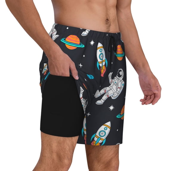 Uemuo Space Pattern Mens Swim Trunks Quick Dry Board Shorts with Mesh Lining, Stretch Beach Shorts Quick Dry No-Chafing Board Shorts-Small