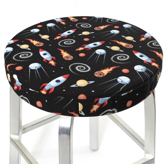 Uemuo Space Rocket Pattern Round Bar Stool Seat Covers Washable Stool Cushion Slipcover Elastic Bar Chair Covers-12 inch