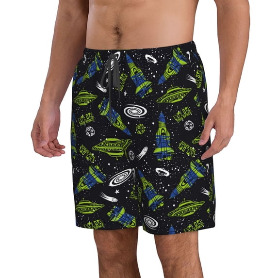 Uemuo Space Rockets Pattern Men's Swim Trunks Hawaiian Beach Bathing Suit Swimsuits Beach Quick-Dry Shorts with Pockets-X-Large