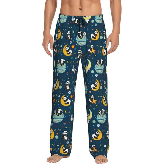Uemuo Space Sleeping Panda Pattern Men's Wide Leg Palazzo Lounge Pants with Pockets Light Weight Loose Comfy Casual Pajama Pants-Medium