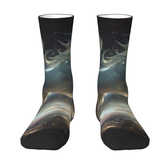 Uemuo Space White Horse Pattern Women's Crew Socks, Soft Durable Breathable Moisture-Wicking with Odor Control Cotton socks