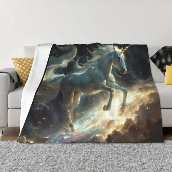 Uemuo Space White Horse Printed Throw Blanket for Couch, Fluffy Fuzzy Blankets for Bed, Sofa, Cozy Flannel Faux Fur Blanket-80"x60"