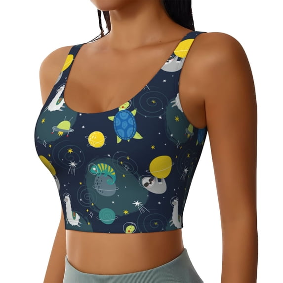 Uemuo Space and Animals Pattern Women's Sports Bra - High Impact Support, Breathable, and Comfortable Athletic Bra for Running, Yoga, and Workouts