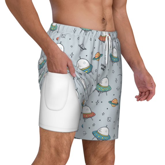 Uemuo Spaceship Pattern Mens Swim Trunks Quick Dry Board Shorts with Mesh Lining, Stretch Beach Shorts Quick Dry No-Chafing Board Shorts-Medium