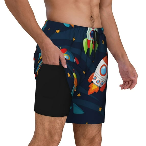 Uemuo Spaceships and Stars Pattern Mens Swim Trunks Quick Dry Board Shorts with Mesh Lining, Stretch Beach Shorts Quick Dry No-Chafing Board Shorts-Small