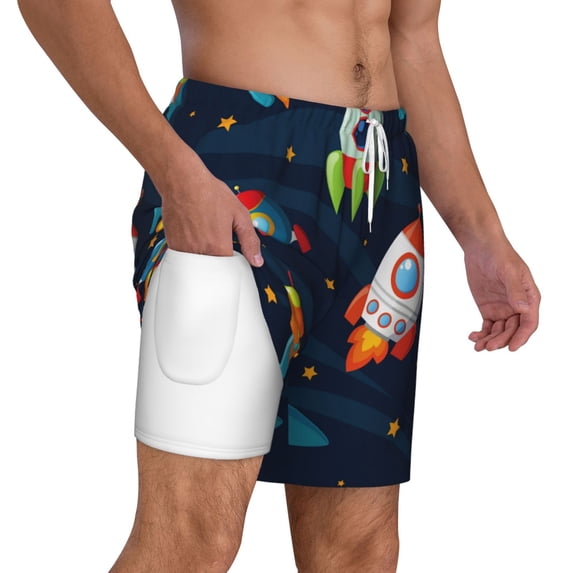 Uemuo Spaceships and Stars Pattern Mens Swim Trunks Quick Dry Board Shorts with Mesh Lining, Stretch Beach Shorts Quick Dry No-Chafing Board Shorts-Small