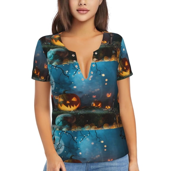 Uemuo Spooky Halloween Drawing Women's Deep V-Neck Low Cut Tops - Casual Loose Fit with Stainless Steel Loop, Soft, Breathable, Perfect for Office, Travel, and Daily Wear-Medium