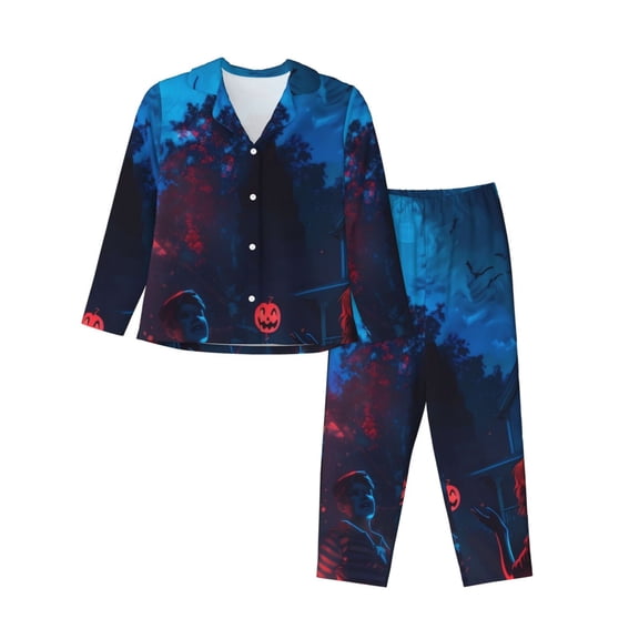 Uemuo Spooky Halloween Night Scene Pattern Womens Pajama Sets,PJ Set for Women,Pajamas for Women Logo,Long Sleeve Pajama Set for Women,Soft Long Sleeve Top With Pants-Large
