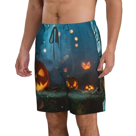 Uemuo Spooky Halloween Pattern Men's Swim Trunks Hawaiian Beach Bathing Suit Swimsuits Beach Quick-Dry Shorts with Pockets-Large