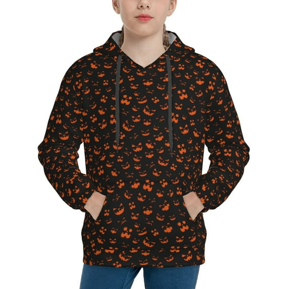 Uemuo Spooky Pumpkin Face Pattern Hooded Sweatshirt for Youth Pullover with Kangaroo Pocket Trendy youth sweatshirt Casual Hoodie for Boys and Girls-Medium