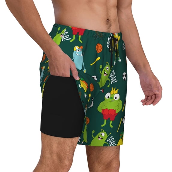 Uemuo Sport Monster Pattern Mens Swim Trunks Quick Dry Board Shorts with Mesh Lining, Stretch Beach Shorts Quick Dry No-Chafing Board Shorts-